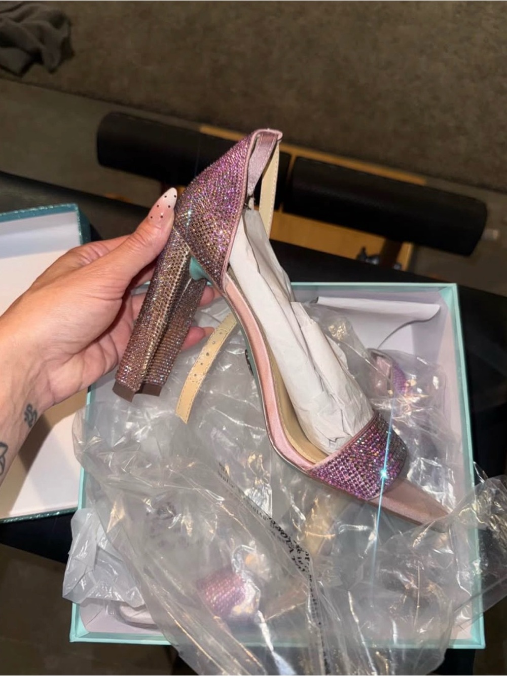 Betsey Johnson Pink Crystal Embellished Block Heel Sandals